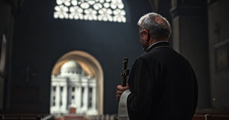 Ksiądz katolicki w tradycyjnym stroju patrzy z troską na budynek rządowy, symbolizując konflikt między prawem boskim a ustawami unijnymi.