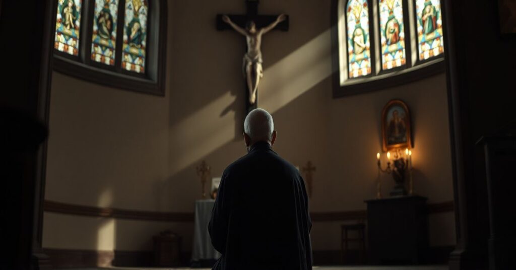 Obrązek przedstawiający księdzia Jerzego Popiełuszko w modlitwie w tradycyjnej kaplicy katolickiej.