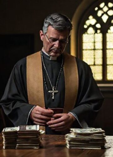 Ksiądz w kaplicy z pieniędzmi - program Rx Kids i katolicka caritas Ksiądz w tradycyjnym stroju kościelnym w kaplicy przy stole z pieniędzmi