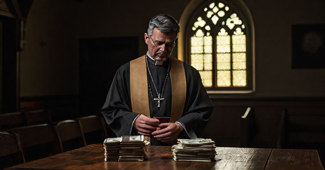 Ksiądz w kaplicy z pieniędzmi - program Rx Kids i katolicka caritas Ksiądz w tradycyjnym stroju kościelnym w kaplicy przy stole z pieniędzmi