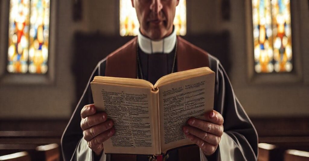 Ksiądz katolicki trzyma otwartą Biblię w kościele, z podświetlonym tekstem potępiającym grzech, w atmosferze wiary i pokory.