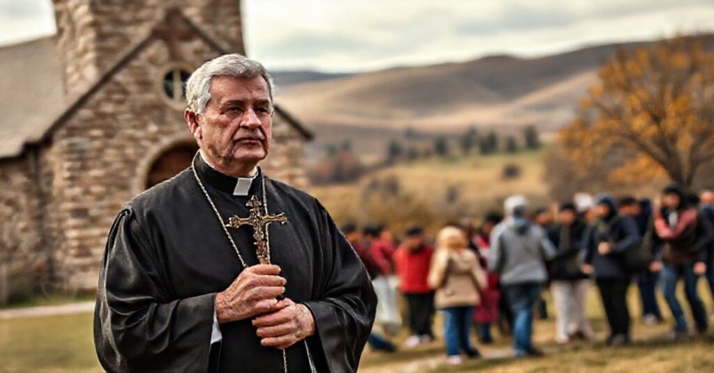 Ksiądz katolicki w smutnym wyrażeniu przed tradycyjnym kościołem, trzymając krzyż, patrzący na nielegalnych imigrantów