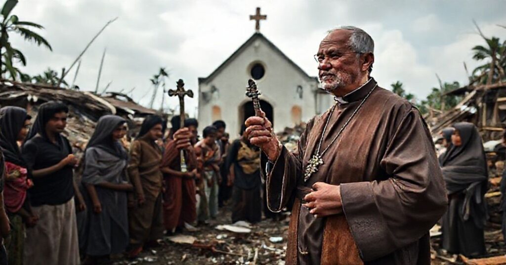 Tradycyjny ksiądz katolicki w rozdartej sutannie stoi wśród ruin w Sibolga na Sumatrze po cyklonie Senyar.