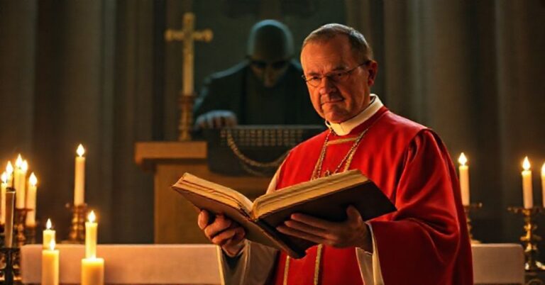 Ksiądz katolicki w tradycyjnych szatach stojący przy ołtarzu z Biblią w ręku z niepokojem patrząc na urzędnika rządowego próbującego odciąć dostęp do internetu.