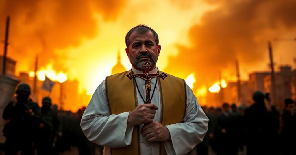 Ksiądz katolicki w tradycyjnych szatach stoi przed palącym się Teheranem, trzymając krzyż jako symbol oporu przeciw islamskiemu reżimowi.