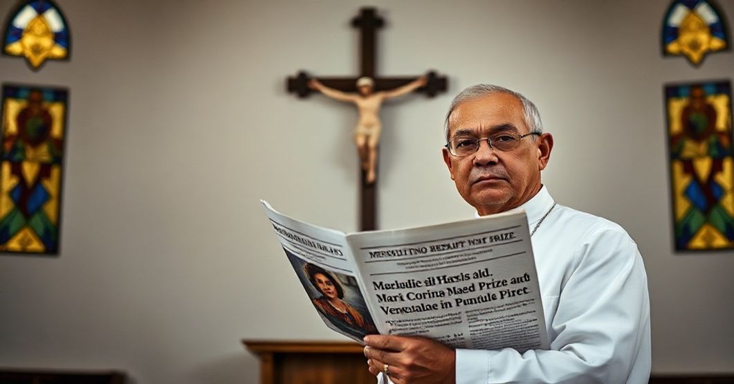 Tradycyjny ksiądz katolicki stoi przed krzyżem z gazetą o Marii Corina Machado i Nagrodzie Pokojowej Nobla, symbolizując walkę Kościoła w Wenezueli.