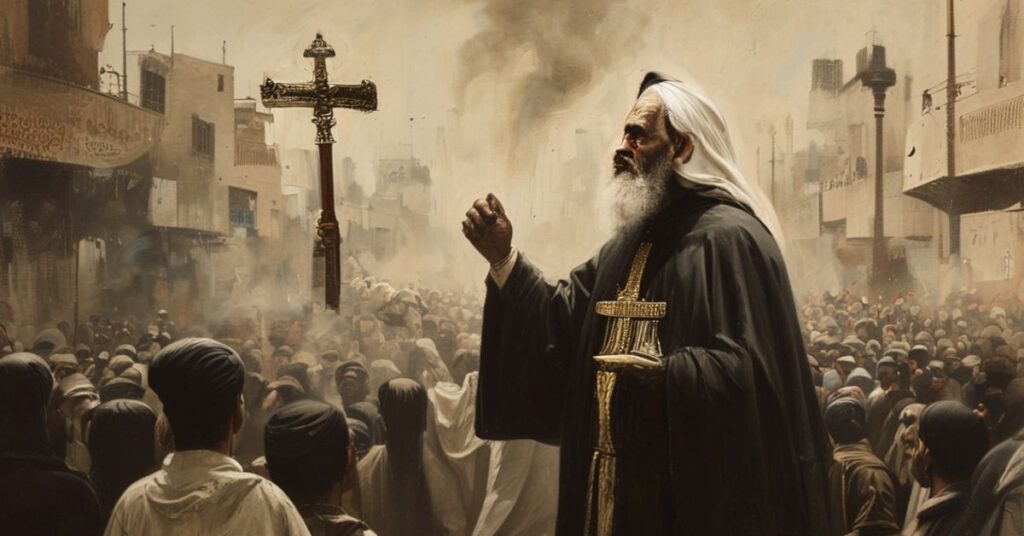 Tradycyjny ksiądz katolicki trzyma krzyż przed tłumem w Iranie podczas protestów, podkreślając konieczność nawrócenia i panowania Chrystusa