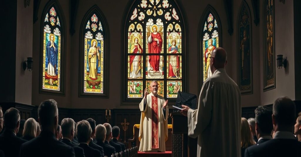 Wnętrze kościoła katolickiego z księdzem kaznającym o kryzysie ideologii genderowej