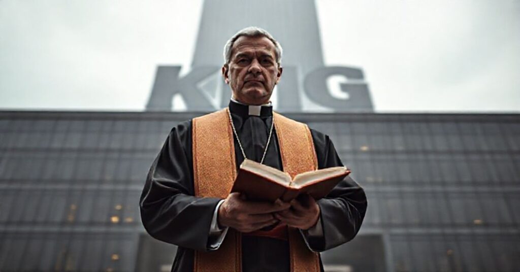 Ksiądz w tradycyjnym stroju liturgicznym stoi przed budynkiem biura finansowego z cieniem loga KBIG. Twarz pełna powagi i ostrzeżenia.