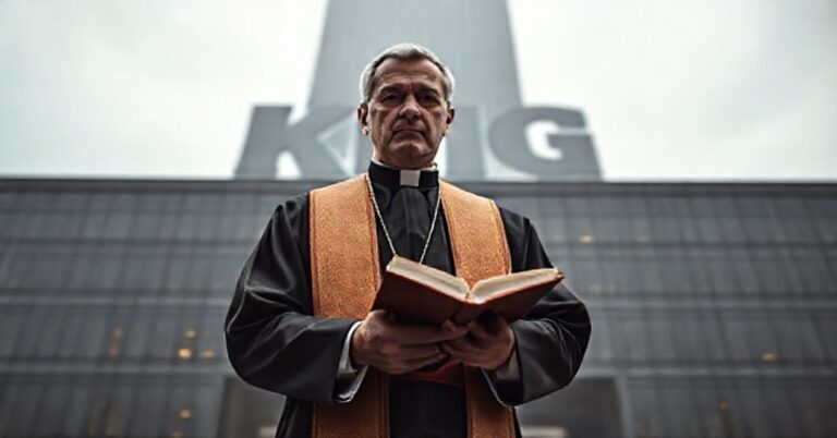 Ksiądz w tradycyjnym stroju liturgicznym stoi przed budynkiem biura finansowego z cieniem loga KBIG. Twarz pełna powagi i ostrzeżenia.