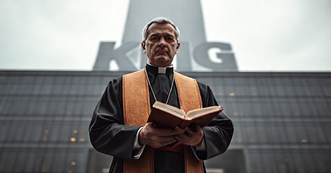 Ksiądz ostrzega przed idolatrią finansową - KBIG jako narzędzie kapitalistycznego zniewolenia Ksiądz w tradycyjnym stroju liturgicznym stoi przed budynkiem biura finansowego z cieniem loga KBIG. Twarz pełna powagi i ostrzeżenia.