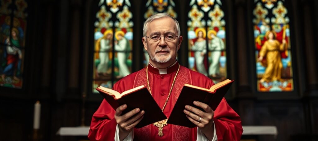 Ksiądz w szatach liturgicznych przed ołtarzem w kościele, z Biblią w ręku, symbolizujący brak uwagi na królestwo Chrystusa w kulturze świeckiej.
