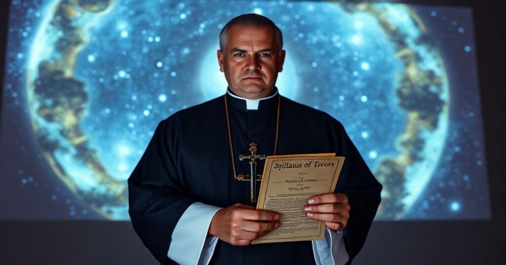 Ksiądz katolicki w tradycyjnych szatach stojący przed kosmicznym obrazem galaktyki, wyrażając sprzeciw wobec kultu kosmosu