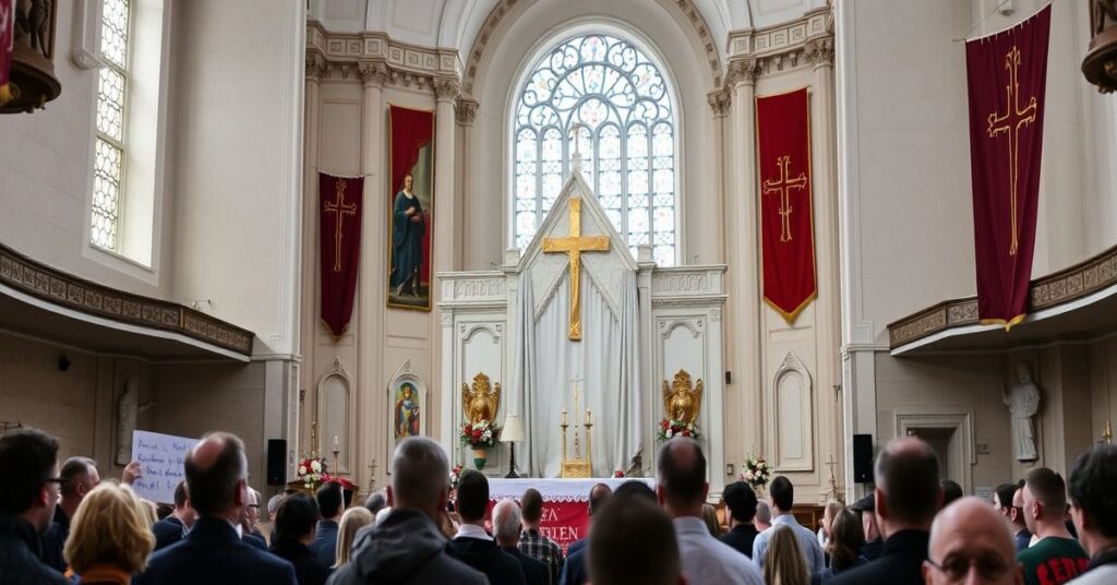 Stary katolicki ksiądz w szatach liturgicznych stoi przed monitorem z napisem 'KSeF', wyrażając obawę przed inwigilacją państwa.