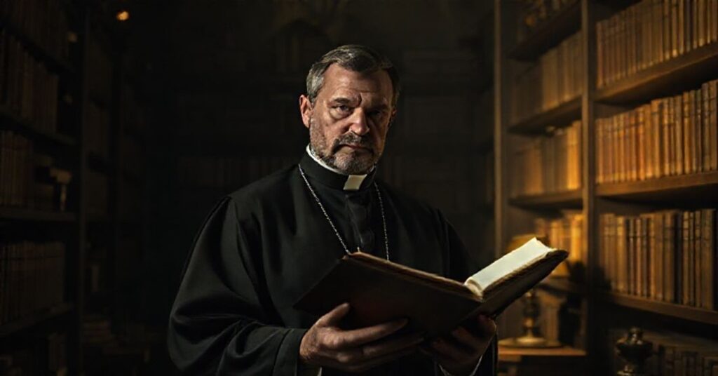 Ksiądz Malachy Martin w tradycyjnej bibliotece watykańskiej, trzymający książkę z troską na twarzy.