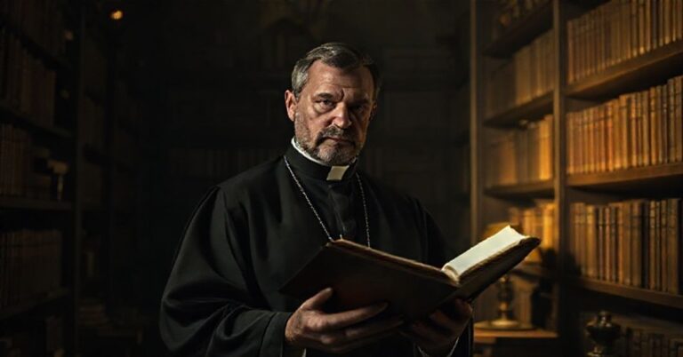 Ksiądz Malachy Martin w tradycyjnej bibliotece watykańskiej, trzymający książkę z troską na twarzy.