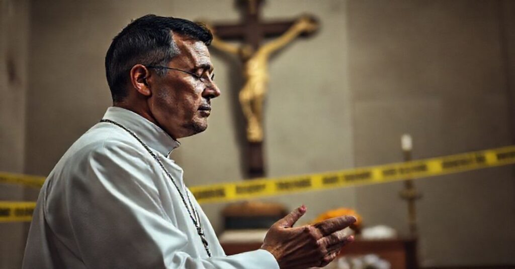 Prawdziwy ksiądz katolicki modli się przed krzyżem w obliczu przemocy i śmierci kleru w Meksyku
