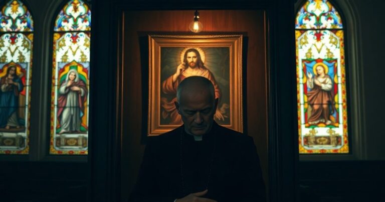 Ksiądz Michał Kwitliński w konfesjonale w ciemnym kościele z symbolami fałszywej nauki