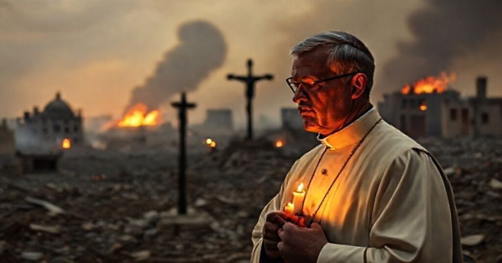 Katolicki ksiądz w tradycyjnych szatach modli się przed ruiny na polu bitwy, symbolizując upadek moralny świata odrzucającego Chrystusa Króla.