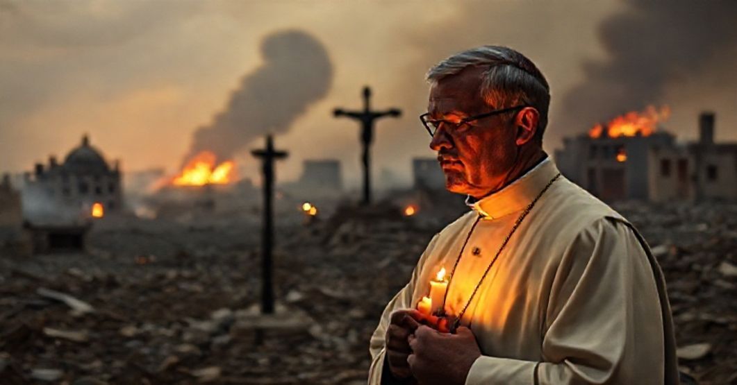 Katolicki ksiądz w tradycyjnych szatach modli się przed ruiny na polu bitwy, symbolizując upadek moralny świata odrzucającego Chrystusa Króla.