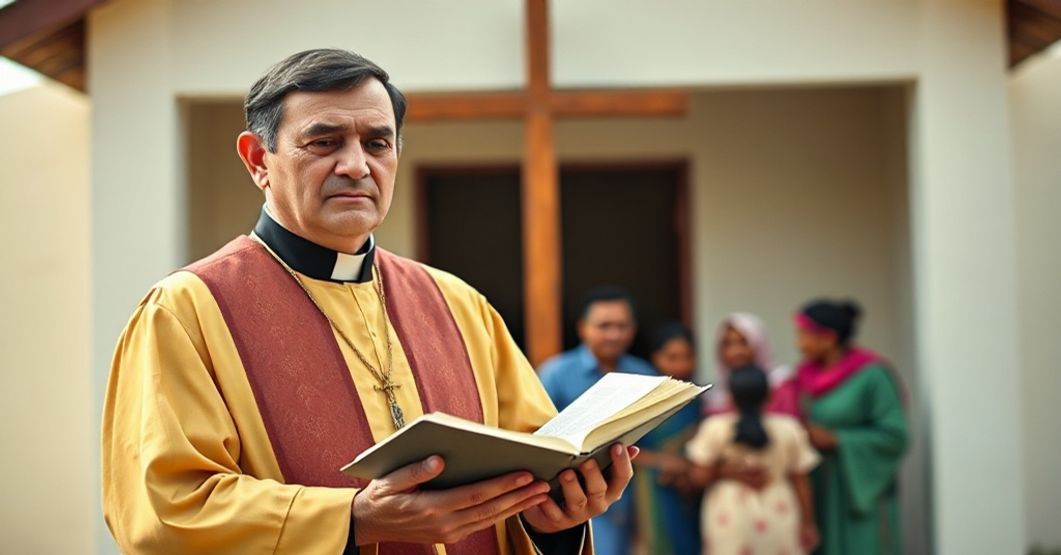 Ksiądz katolicki w tradycyjnych szatach modląc się przed kościołem z grupą wiernych