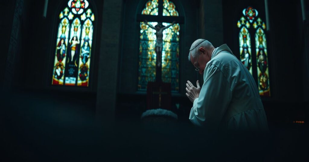 Ksiądz modlący się przed krucyfiksem w ciemnej kościelnej wnęce z witrażami przedstawiającymi Chrystusa Króla.