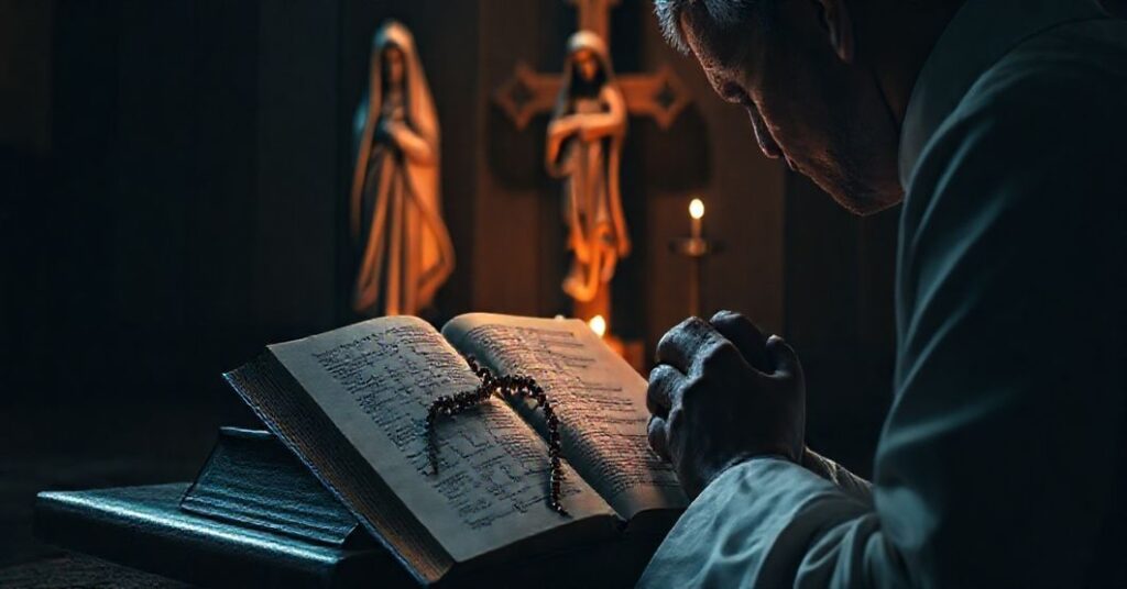 Tradycyjny ksiądz katolicki modlący się przed krzyżem z różańcem i Biblią, tło statua Matki Boskiej Bolesnej, tematyka aborcji i życia