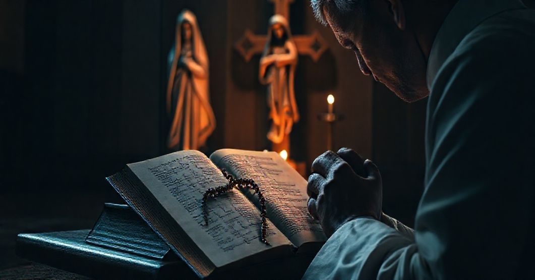 Tradycyjny ksiądz katolicki modlący się przed krzyżem z różańcem i Biblią, tło statua Matki Boskiej Bolesnej, tematyka aborcji i życia