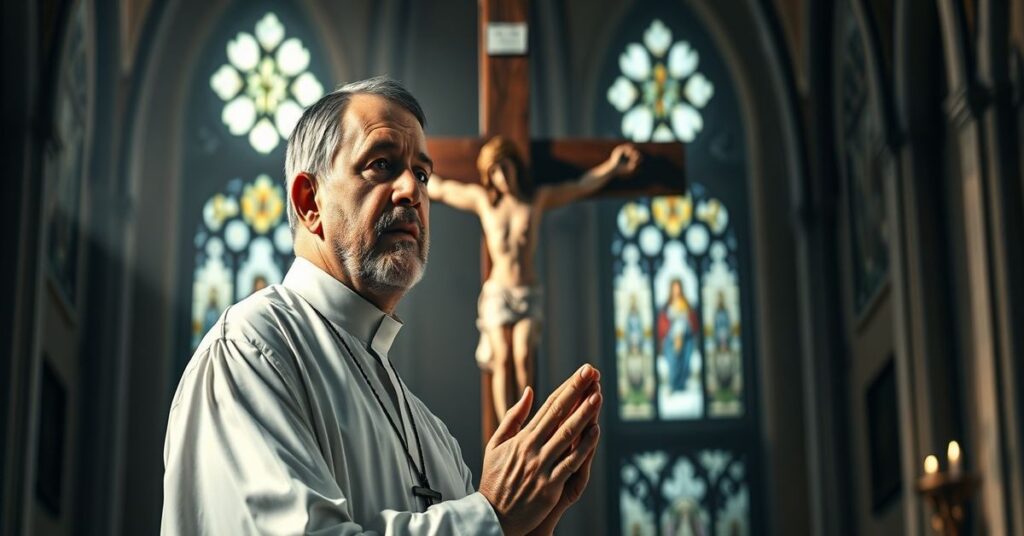 Ksiądz w tradycyjnym ornacie stoi przed krzyżem w ciemnej kaplicy z witrażami