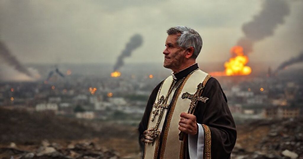 Katolicki ksiądz w tradycyjnych ornatach stoi w ruinach wojennych z krzyżem, obrazujący moralny wymiar wojny w świetle katolickiej nauki o pokoju i sprawiedliwości.
