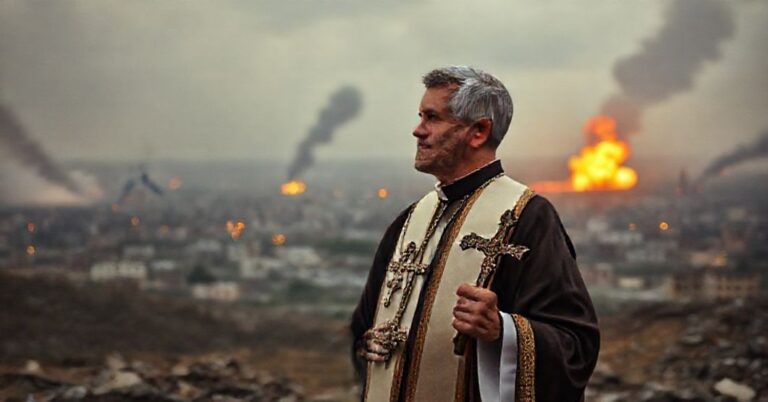 Katolicki ksiądz w tradycyjnych ornatach stoi w ruinach wojennych z krzyżem, obrazujący moralny wymiar wojny w świetle katolickiej nauki o pokoju i sprawiedliwości.