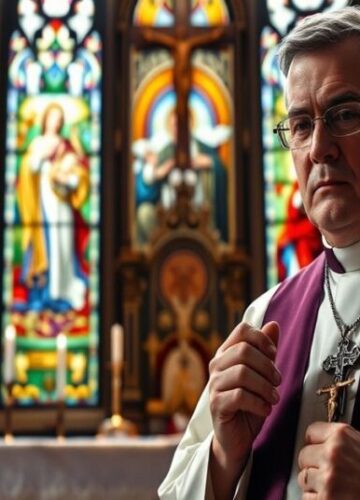 Modlitwa za dzieci nienarodzone - tradycyjny katolicyzm Ksiądz w ornacie modli się przed tabernakulum w tradycyjnym kościele katolickim z witrażami przedstawiającymi Chrystusa Króla i Świętą Rodzinę.