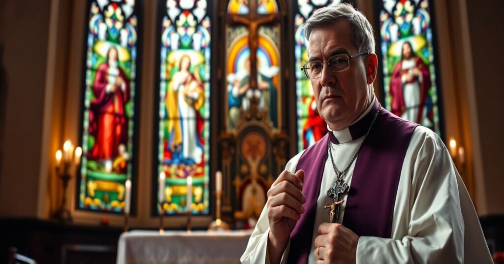 Ksiądz w ornacie modli się przed tabernakulum w tradycyjnym kościele katolickim z witrażami przedstawiającymi Chrystusa Króla i Świętą Rodzinę.