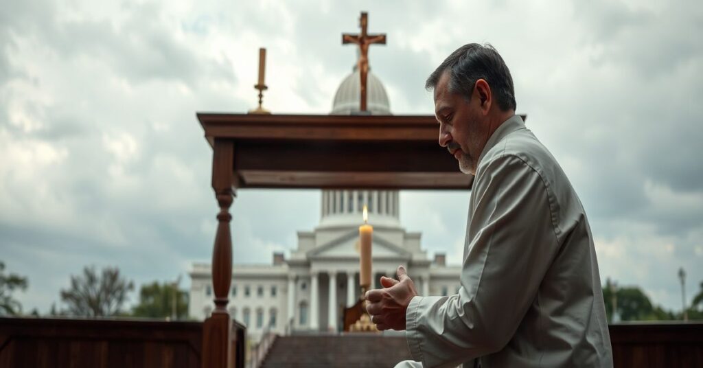 Ksiądz katolicki modli się przed ołtarzem z krzyżem i świecami na tle gmachu Kapitolu stanu Mississippi