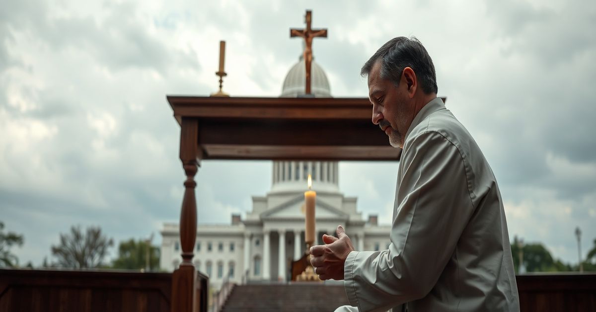 Ksiądz katolicki modli się przed ołtarzem z krzyżem i świecami na tle gmachu Kapitolu stanu Mississippi
