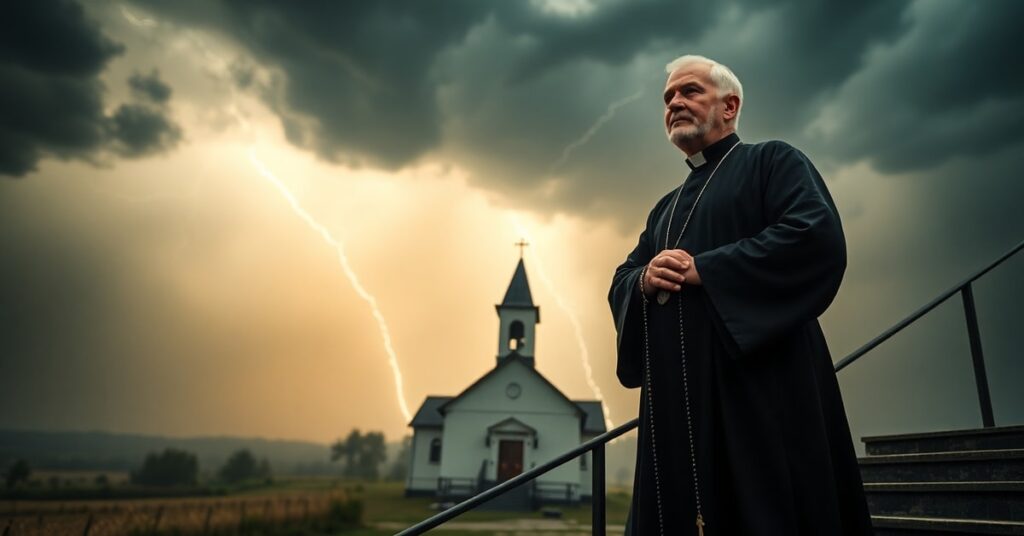 Kapłan modlący się podczas burzy w Polsce - obraz gorliwości katolickiej wobec gniewu Bożego