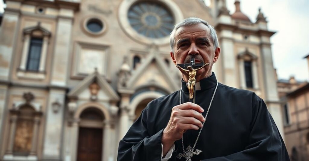 Tradycyjny ksiądz katolicki stoi przed historycznym kościołem włoskim, trzymając krzyż, z poważną miną, refleksje nad kryzysem w nowoczesnym katolicyzmie.