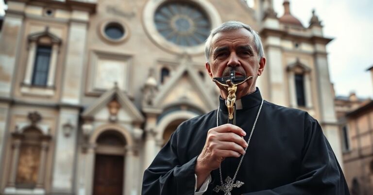 Tradycyjny ksiądz katolicki stoi przed historycznym kościołem włoskim, trzymając krzyż, z poważną miną, refleksje nad kryzysem w nowoczesnym katolicyzmie.