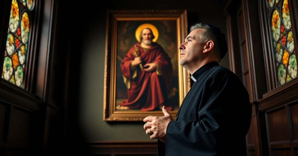 Kapłan katolicki w konfesjonale modli się przed obrazem św. Augustyna z Hippony - refleksja nad sprawiedliwą wojną w tradycji katolickiej