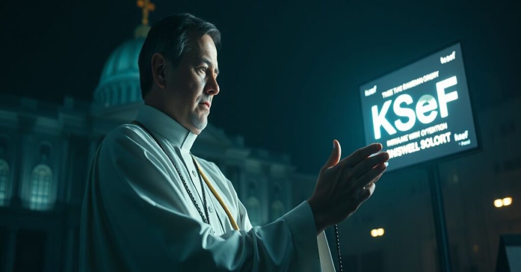 Ksiądz w tradycyjnych szatach modląc się przed budynkiem rządowym z ekranem wyświetlającym KSeF