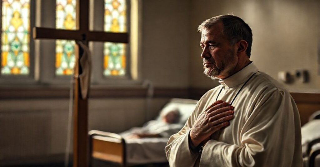 Ksiądz w tradycyjnym stroju kapłańskim modli się przy krzyżu przed szpitalnym łóżkiem chorego pacjenta, symbolizując konflikt moralny z legalizacją eutanazji.