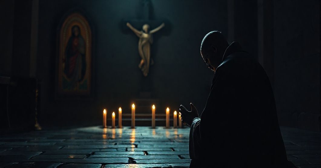 Prywatna modlitwa księdza w ciemnym kościele z ikoną Matki Boskiej w tle