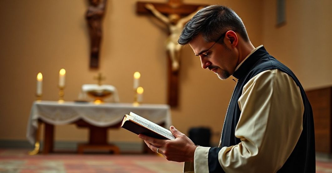 Modlitwa i ofiara krzyża - katolicka refleksja nad bliznami potrądzikowymi Ks. w tradycyjnym stroju liturgicznym modli się przed krzyżem, medytując nad duchowym znaczeniem cierpienia.