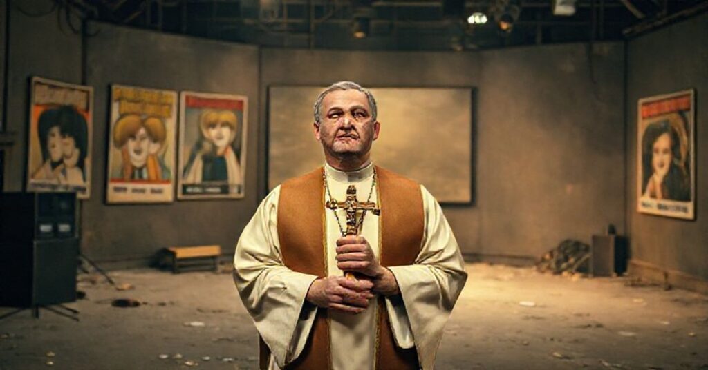 Ksiądz w tradycyjnych szatach liturgicznych modli się przed opuszczonym studiem MTV