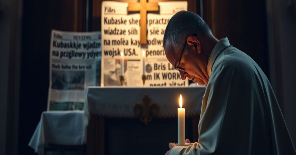 Kneeling catholic priest praying before tabernacle with newspaper headline about Kuba's political crisis