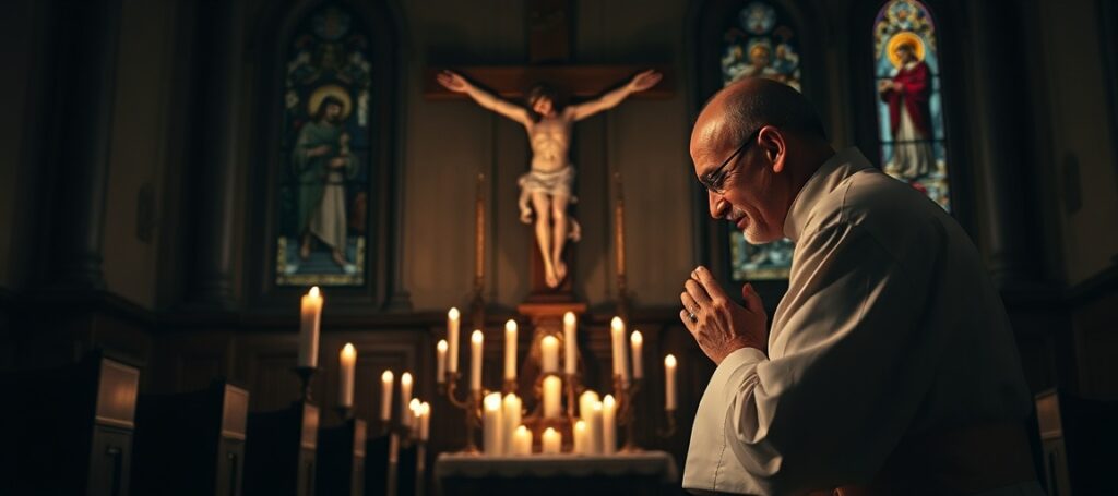 Tradycyjny katolicki ksiądz modli się w ciemnej kościelnej kaplicy przed posągiem Serca Jezusa, otoczony pływającym świetłem świec.