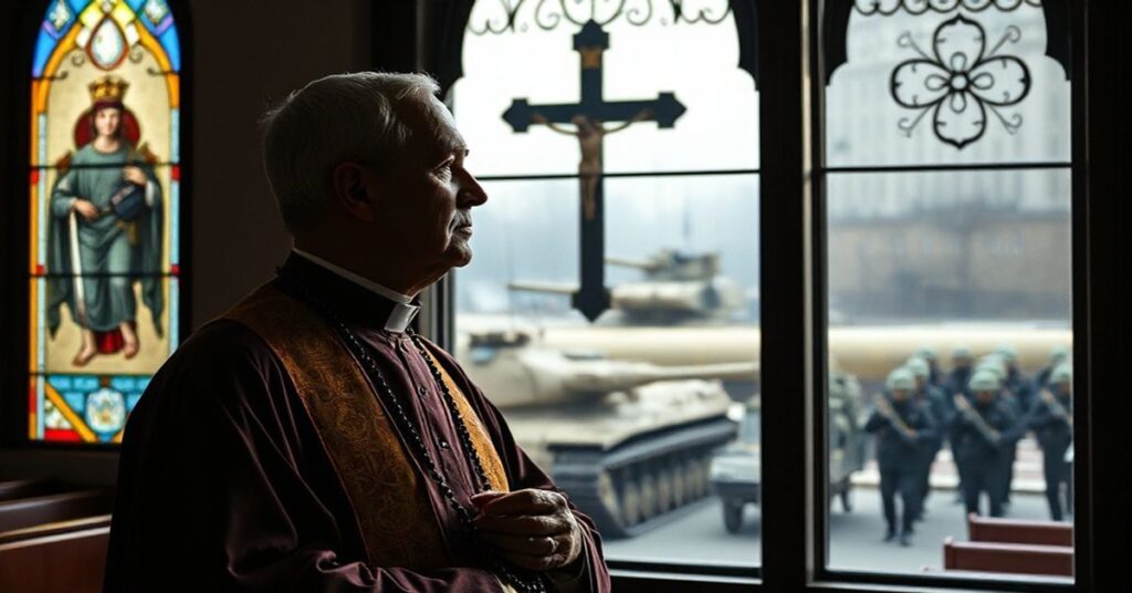 Ksiądz katolicki w tradycyjnych szatach modlitwy w kościele z obrazem wojska na tle