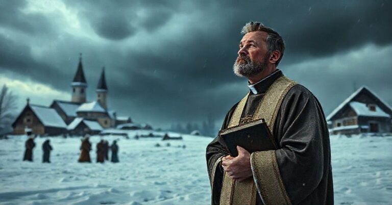 Tradycyjny ksiądz w stroju liturgicznym stoi w śniegu i lodu podczas burzy, modlący się za ludzi w tle