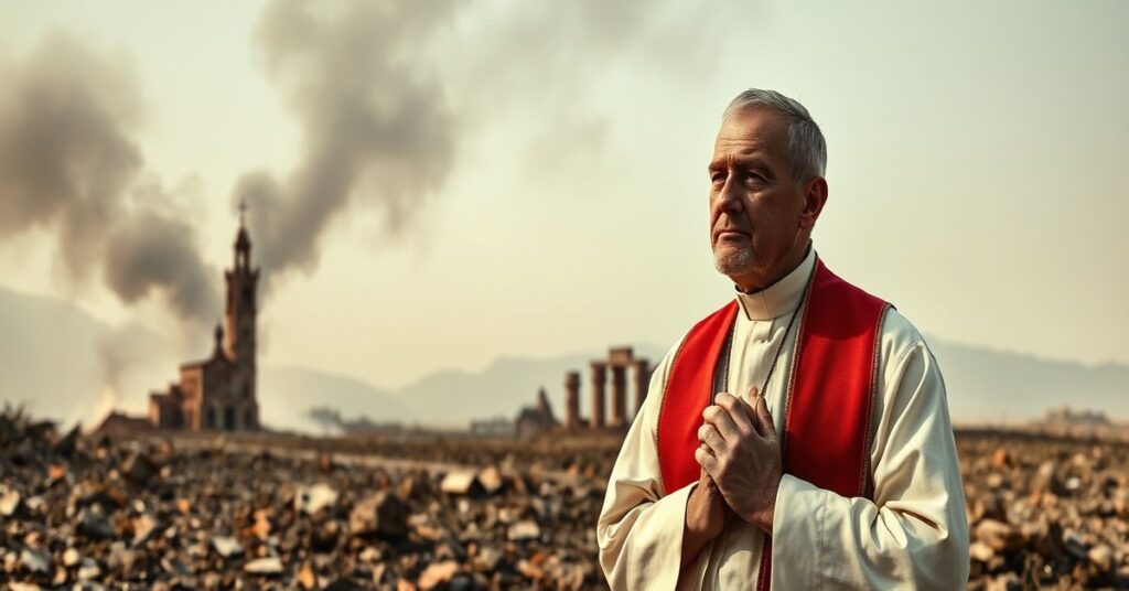 Ksiądz katolicki modli się przed zniszczonym kościołem w tle wojny na Bliskim Wschodzie