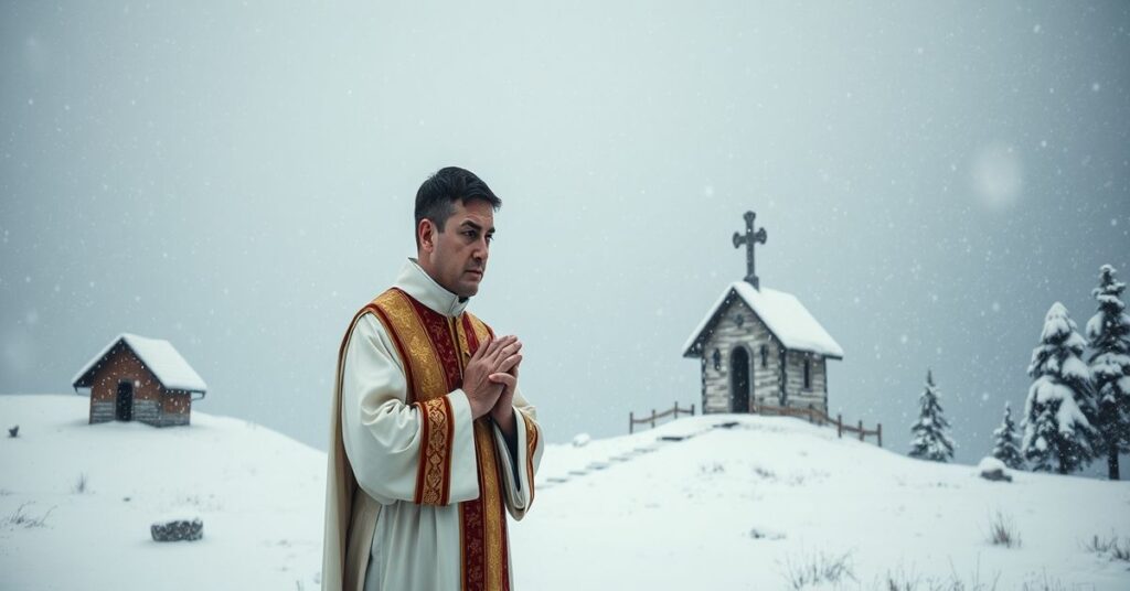 Tradycyjny ksiądz w szatach liturgicznych modli się w śnieżycy w Tatrach, symbolizując Bożą opiekę nad naturą